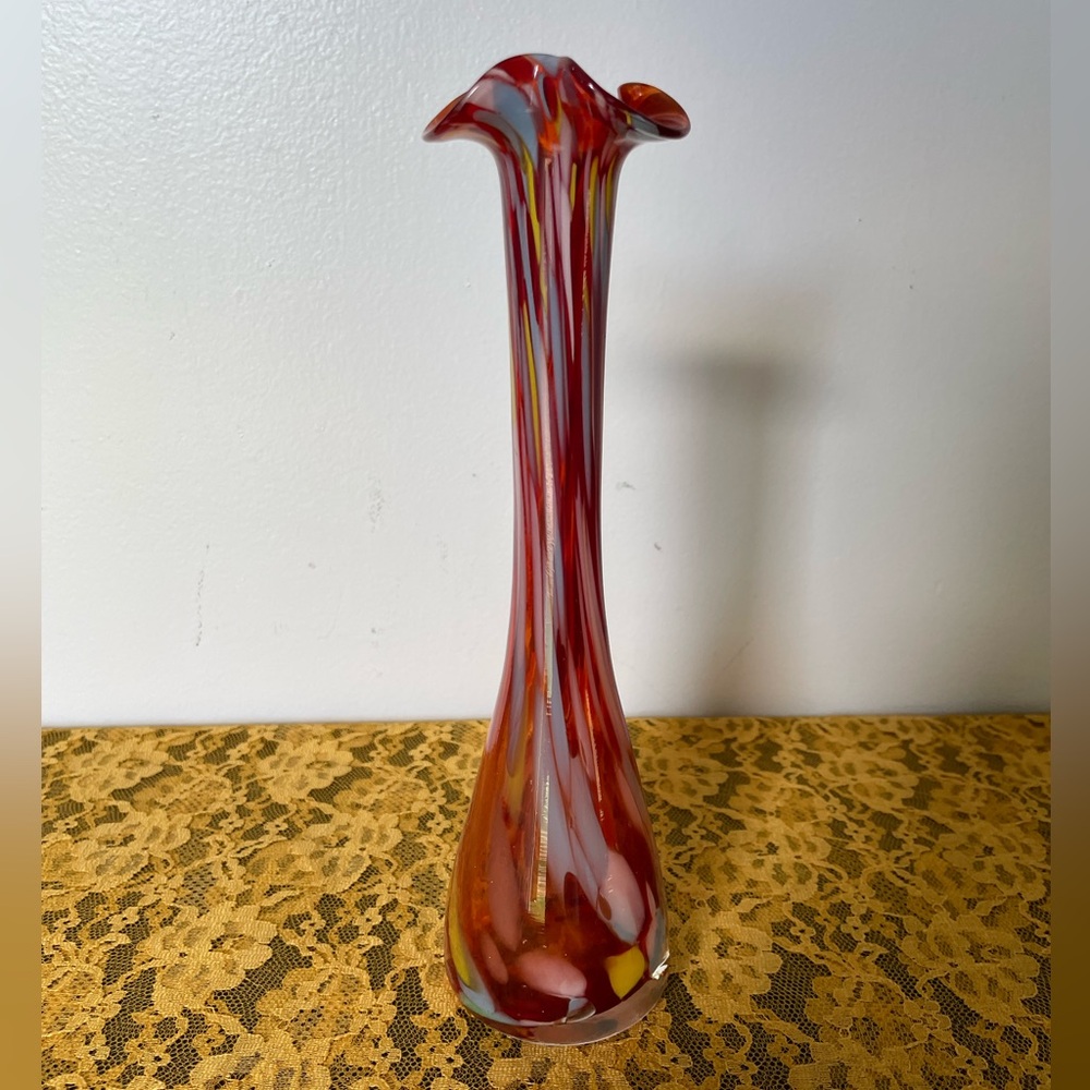 Elegant Red and Yellow Swirled Glass Vase